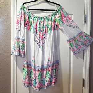 Lilly Pulitzer Off-Shoulder EUC White Dress with Pink and Green Accents